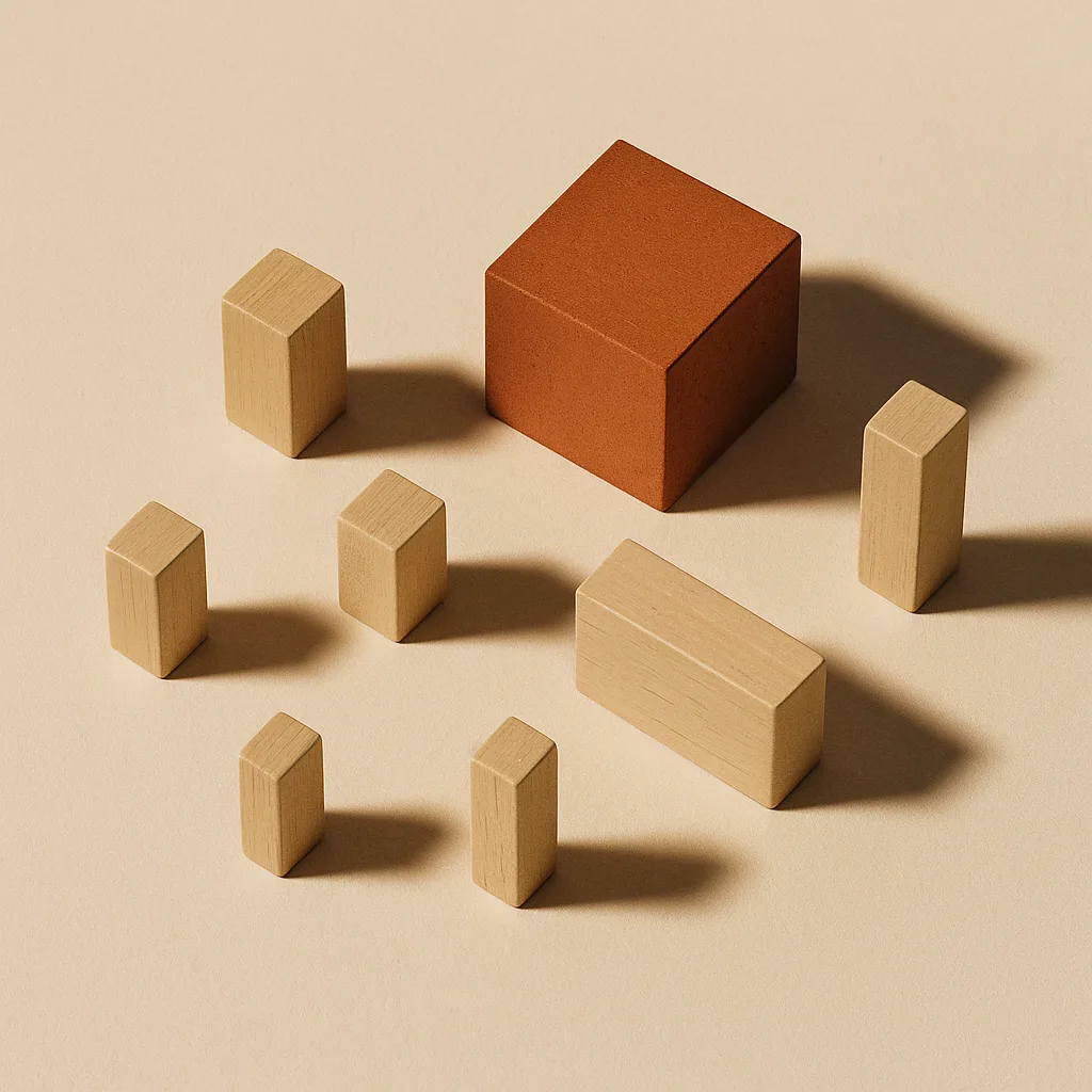 Seven small pale blocks scattered around one solid terracotta block, the shape of many debts becoming one