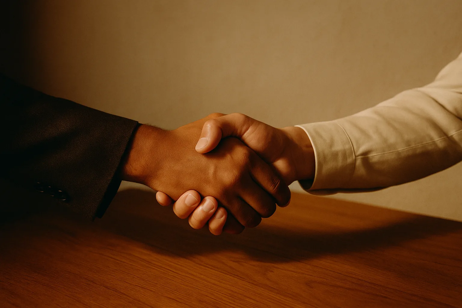 Two hands meeting in a handshake over a warm timber table