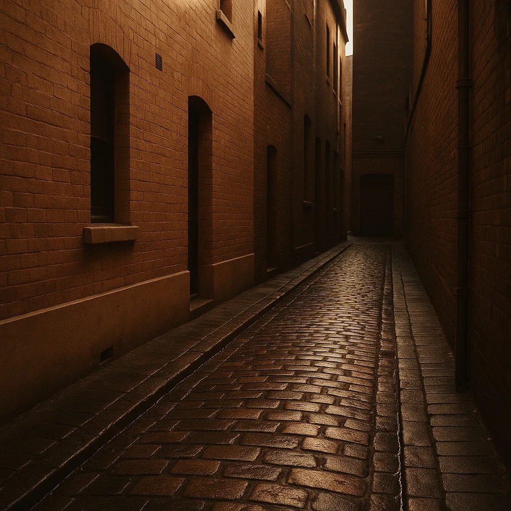 A warm-toned Melbourne laneway of brick and bluestone at first light